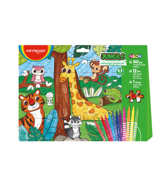 Coloring Kit Puzzle, Jungle, (Rompecabezas x 80 Pzas + 12x Marcadores Escolares), Set.